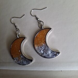 Crescent Moon Dangle Earrings in Orange and Silver